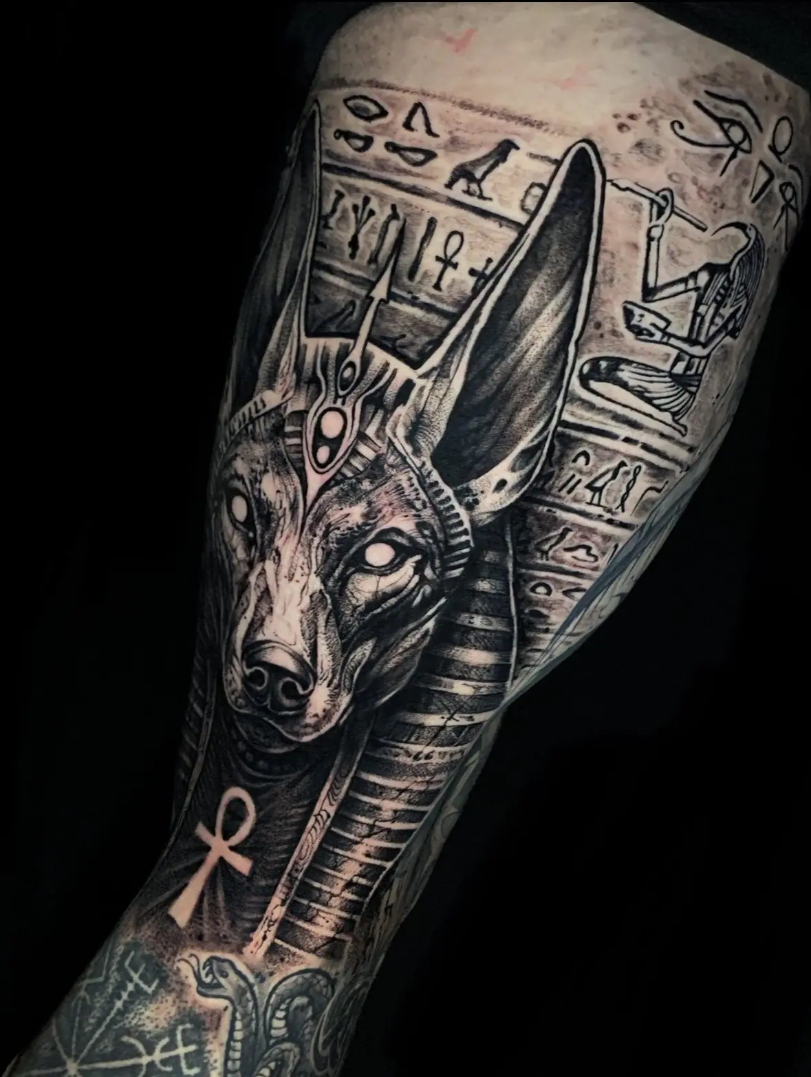 Anúbis com hieróglifos em blackwork na perna